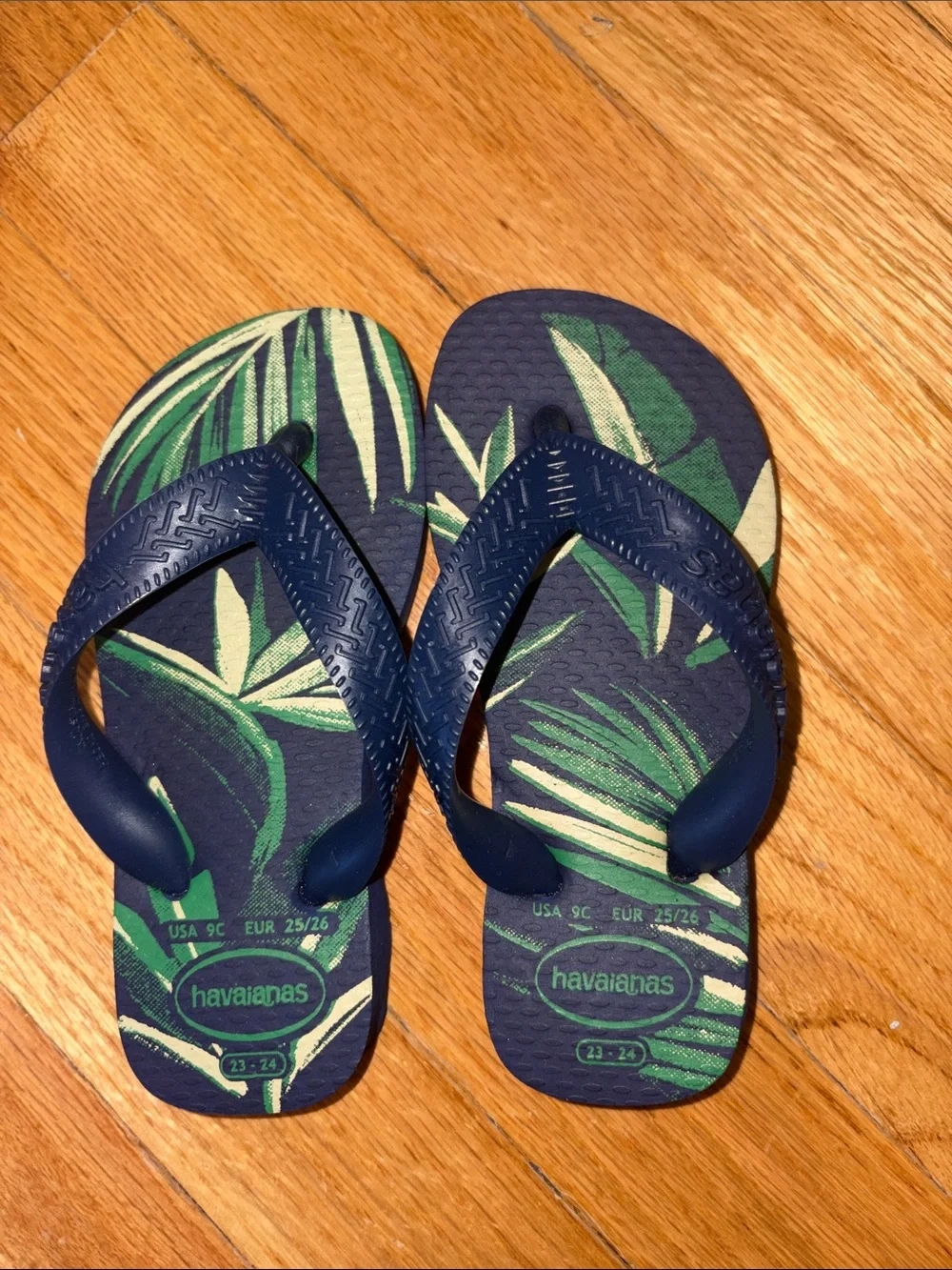 Havaianas Navy Flip Flops with Green Leaf Design